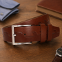 Curea bărbați maro cognac din piele naturală cu cataramă argintie 3.5 cm